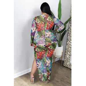 Floral Tropic Multicolored Hollowed Out Off Shoulder Plus Size Split Maxi Dress