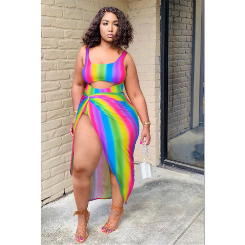 Image of Rainbow Stripe One Piece Cover Up Maxi Skirt Two Piece Set