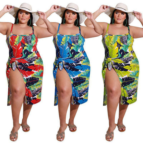 Image of Colorful One Piece Swimsuit Tropical Leaf Cover Up Plus Size Bikini