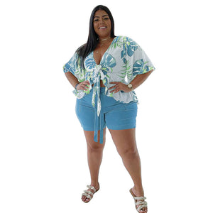 Tropical Muticolored Plus Size Two Piece Crop Top Short Set Womens Resort Wear