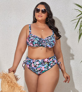 Multicolored Printed Two Piece Ruched Plus Size Bikini Swimsuit