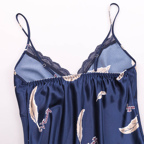 Image of Navy Two Piece Satin Feather Lounge Set