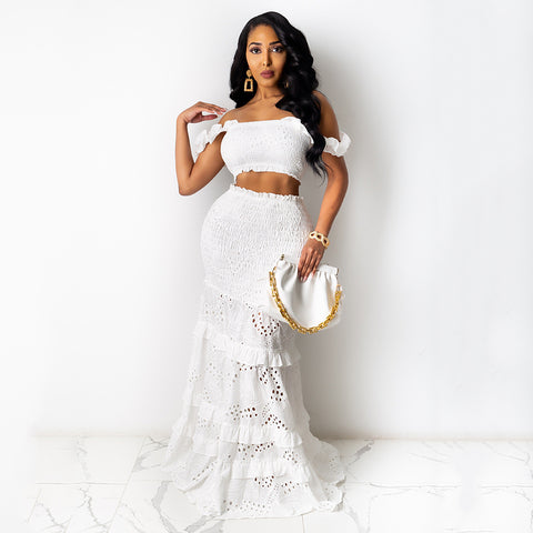 Image of Off Shoulder Lace Crop Top Maxi Skirt Two Piece Set