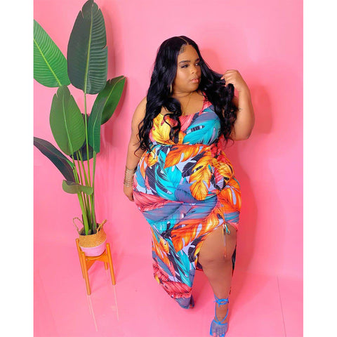 Image of Tropical Pleated Ruched Side Split Maxi Plus Size Dress