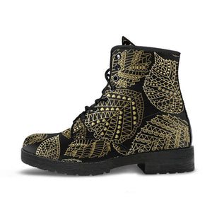 Gold Leaves Floral Women's Vegan Leather Boots, , Retro Winter Ankle