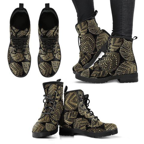 Image of Gold Leaves Floral Women's Vegan Leather Boots, , Retro Winter Ankle