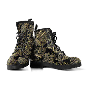 Gold Leaves Floral Women's Vegan Leather Boots, , Retro Winter Ankle