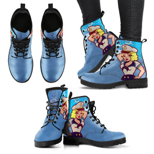 Ocean Blue Blonde Sailor Girl Women's Vegan Leather Boots, Handcrafted Hippie