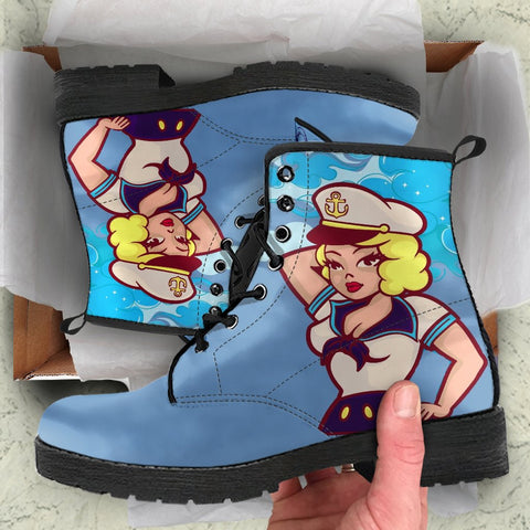 Image of Ocean Blue Blonde Sailor Girl Women's Vegan Leather Boots, Handcrafted Hippie