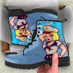 Ocean Blue Blonde Sailor Girl Women's Vegan Leather Boots, Handcrafted Hippie