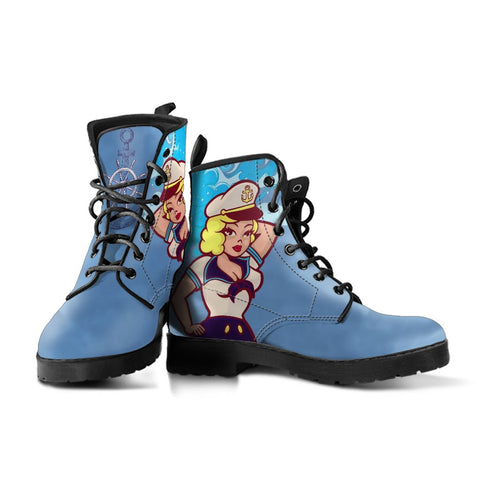 Image of Ocean Blue Blonde Sailor Girl Women's Vegan Leather Boots, Handcrafted Hippie