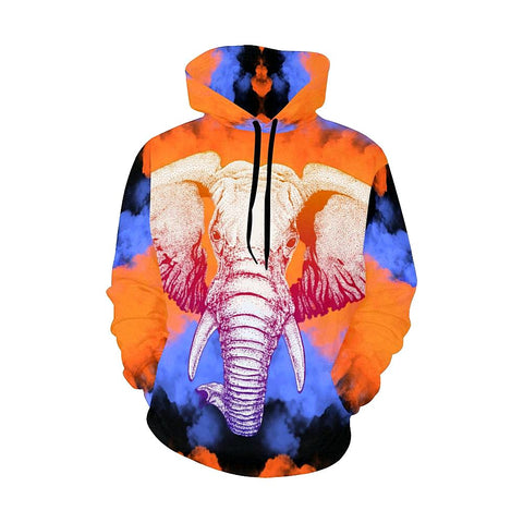Image of Orange And Blue Elephant Womens Hoodie, Handmade,Floral Colorful Feathers, Floral, Fashion Wear