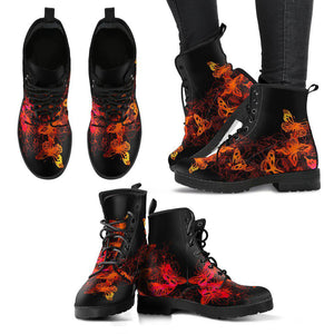 Red Floral Flowers Butterflies Women's Vegan Leather Boots, Handcrafted, Ankle