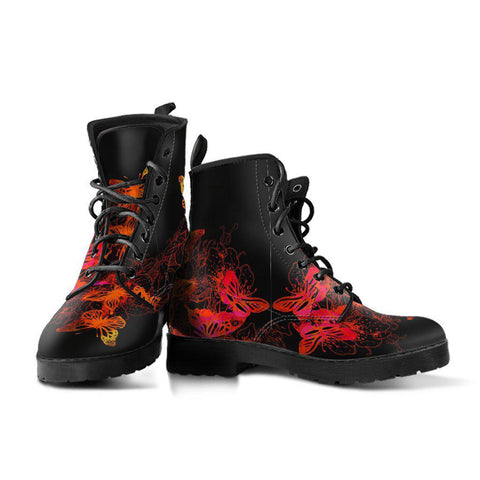 Image of Red Floral Flowers Butterflies Women's Vegan Leather Boots, Handcrafted, Ankle