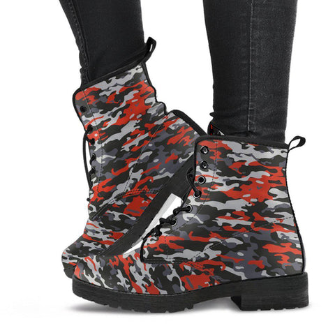 Image of Orange Black Gray Camo Women's Vegan Boots, Camouflage Design, Hippie