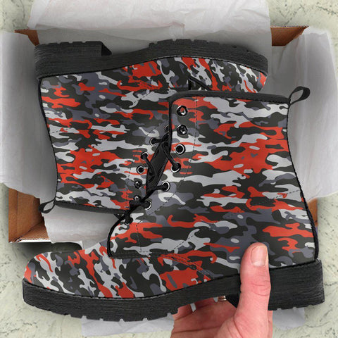 Image of Orange Black Gray Camo Women's Vegan Boots, Camouflage Design, Hippie