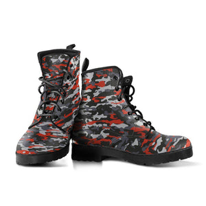 Orange Black Gray Camo Women's Vegan Boots, Camouflage Design, Hippie