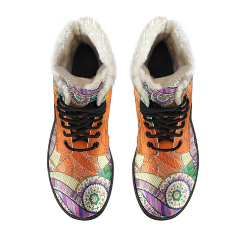 Image of Orange Multicolored Hippie Paisley Ankle Boots,Classic Boot,Lolita Combat Boots,Hand Crafted,Streetwear, Rain Boots,Hippie,Combat Style Boot