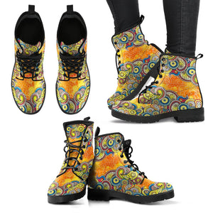 Orange Paisley Design Women's Vegan Leather Boots, Premium Handcrafted Footwear,