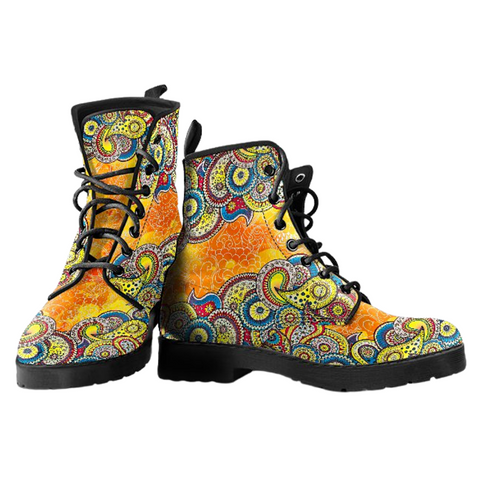 Image of Orange Paisley Design Women's Vegan Leather Boots, Premium Handcrafted Footwear,