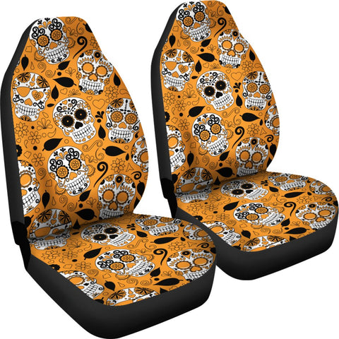 Image of Orange Sugar Skull Car Seat Covers,Car Seat Covers Pair,Car Seat Protector,Car Accessory,Front Seat Covers,Seat Cover for Car