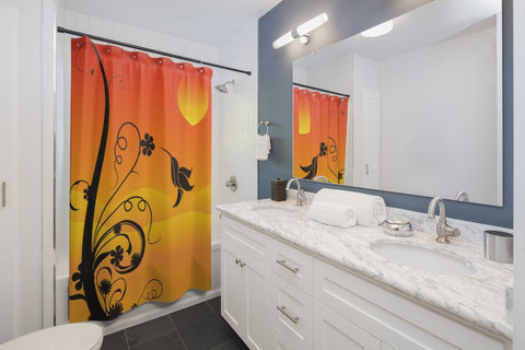 Image of Orange Sunset Humming Bird Floral Shower Curtains, Water Proof Bath Decor | Spa