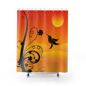 Orange Sunset Humming Bird Floral Shower Curtains, Water Proof Bath Decor | Spa