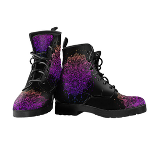 Ornamental Lotus Women's Leather Boots, Handcrafted Vegan Boots, Cosmos Sky