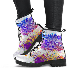 Colorful Purple Owl Mandala Women's Vegan Leather Boots, Winter Rainbow