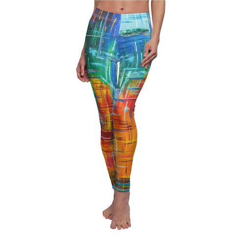 Image of Paint Abstract Blue Orange Multicolored Women's Cut & Sew Casual Leggings, Yoga