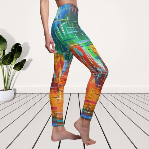 Image of Paint Abstract Blue Orange Multicolored Women's Cut & Sew Casual Leggings, Yoga