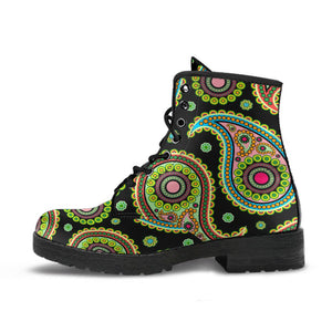 Paisley Mandala Vegan Leather Women's Boots, Handcrafted Hippie Streetwear,