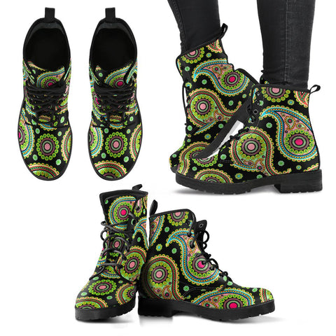 Image of Paisley Mandala Vegan Leather Women's Boots, Handcrafted Hippie Streetwear,