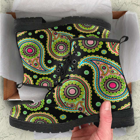Image of Paisley Mandala Vegan Leather Women's Boots, Handcrafted Hippie Streetwear,