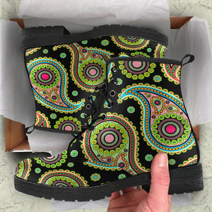 Paisley Mandala Vegan Leather Women's Boots, Handcrafted Hippie Streetwear,