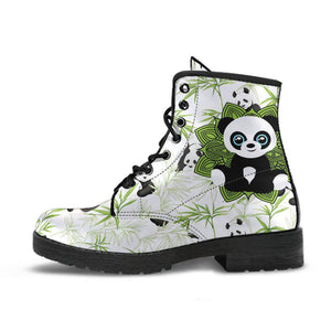 Green White Baby Panda Mandala Women’s Vegan Leather Rain Boots ,
