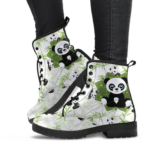 Image of Green White Baby Panda Mandala Women’s Vegan Leather Rain Boots ,