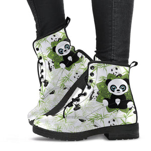 Green White Baby Panda Mandala Women’s Vegan Leather Rain Boots ,