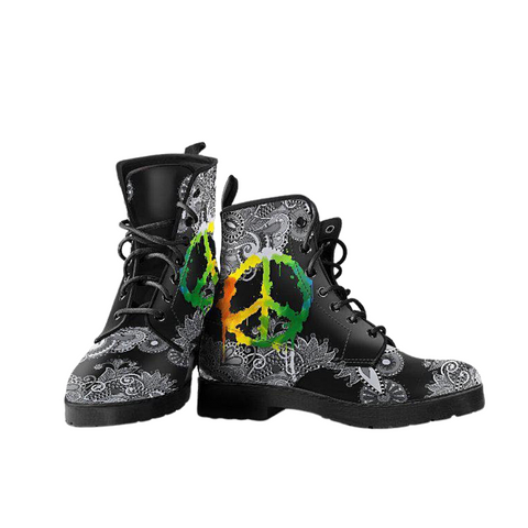 Image of Women's Vegan Leather Boots, Black Gray Purple Peace Sign Mandala, Handmade Hippie Spiritual Rain Footwear, Unique Style