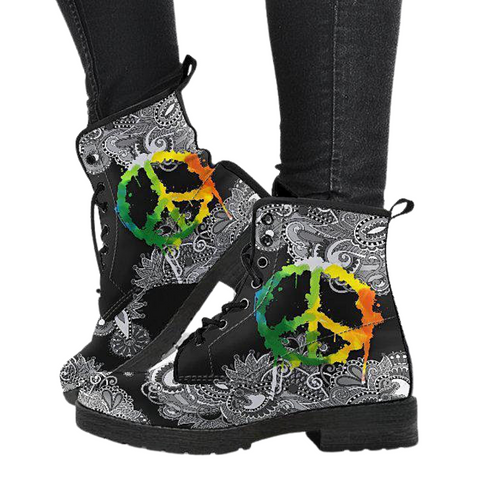 Image of Women's Vegan Leather Boots, Black Gray Purple Peace Sign Mandala, Handmade Hippie Spiritual Rain Footwear, Unique Style