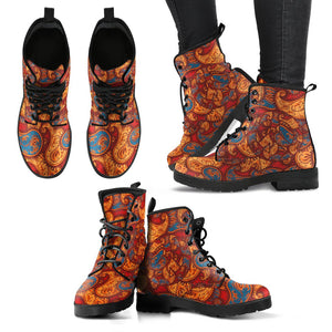 Peace Henna Design, Women's Vegan Leather Ankle Boots, Stylish Lace,up Fashion