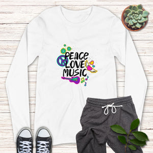 Peace Love Music Colorful Hippie Unisex Long Sleeve Tee, Super Soft & Comfy Long