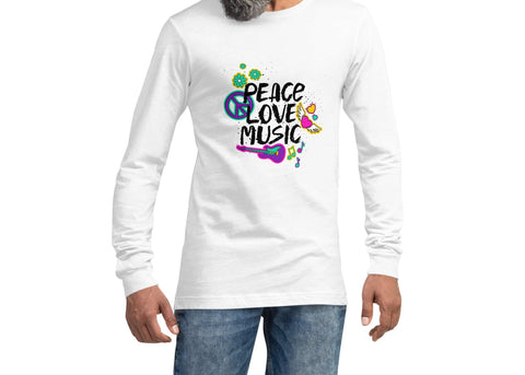 Image of Peace Love Music Colorful Hippie Unisex Long Sleeve Tee, Super Soft & Comfy Long