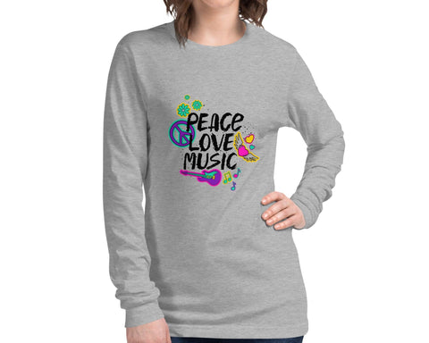 Image of Peace Love Music Colorful Hippie Unisex Long Sleeve Tee, Super Soft & Comfy Long