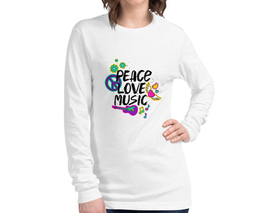 Peace Love Music Colorful Hippie Unisex Long Sleeve Tee, Super Soft & Comfy Long