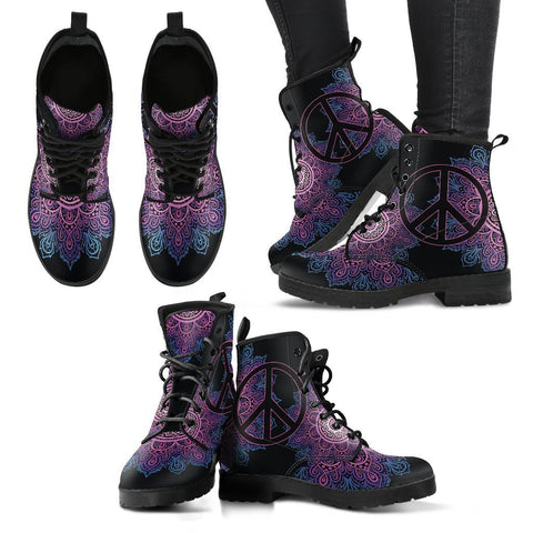 Image of Peace Mandala Women's Vegan Leather Boots , Handcrafted Ankle Boots for Women,