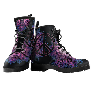 Peace Mandala Women's Vegan Leather Boots , Handcrafted Ankle Boots for Women,
