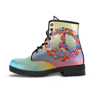 Colorful Hippie Peace Sign Women's Vegan Leather Boots, Retro Winter Style,