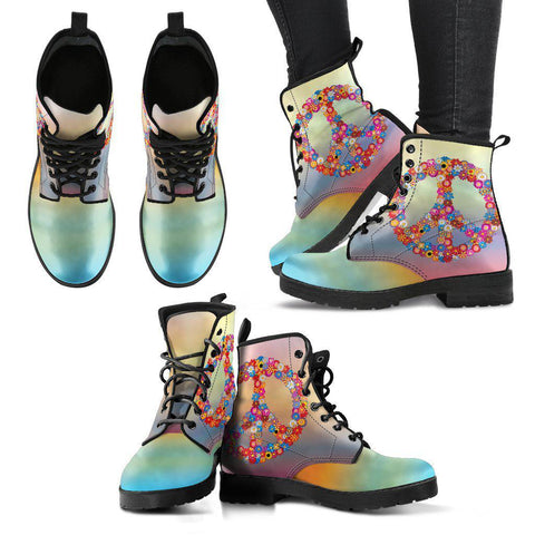 Image of Colorful Hippie Peace Sign Women's Vegan Leather Boots, Retro Winter Style,