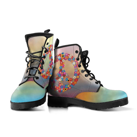 Image of Colorful Hippie Peace Sign Women's Vegan Leather Boots, Retro Winter Style,